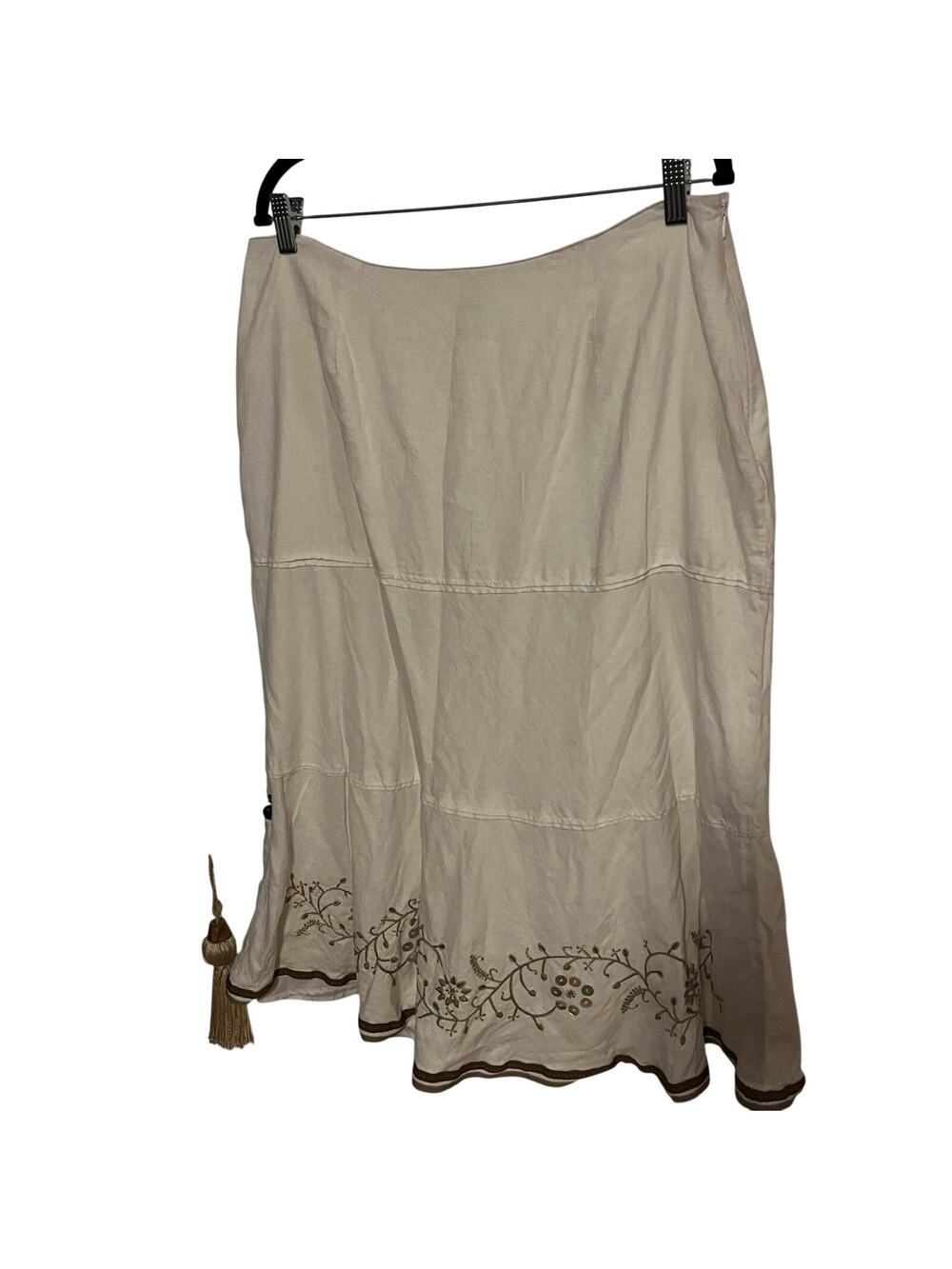 Cato Woman 16W Ivory Embroidered Boho Midi Skirt | Beaded Floral Hem